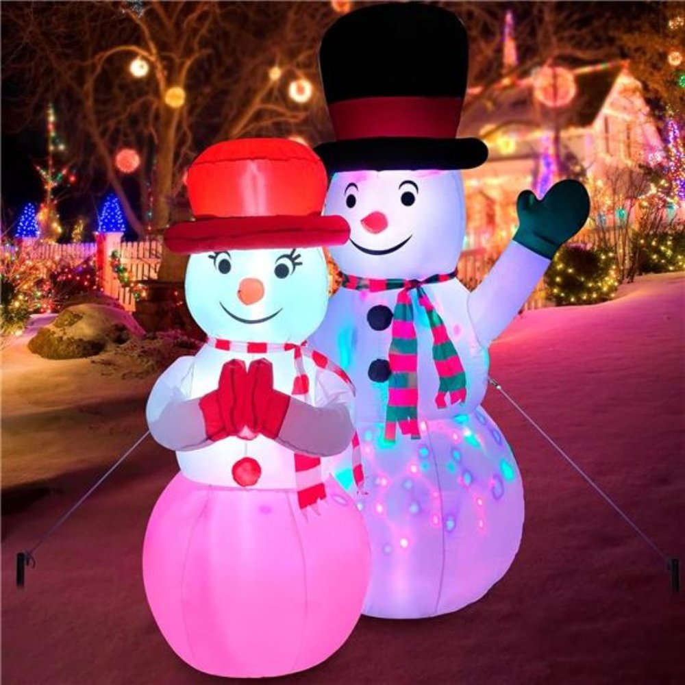 7FT Christmas Inflatables Blow Up Snowman Couple Built-in Rotating LED Light